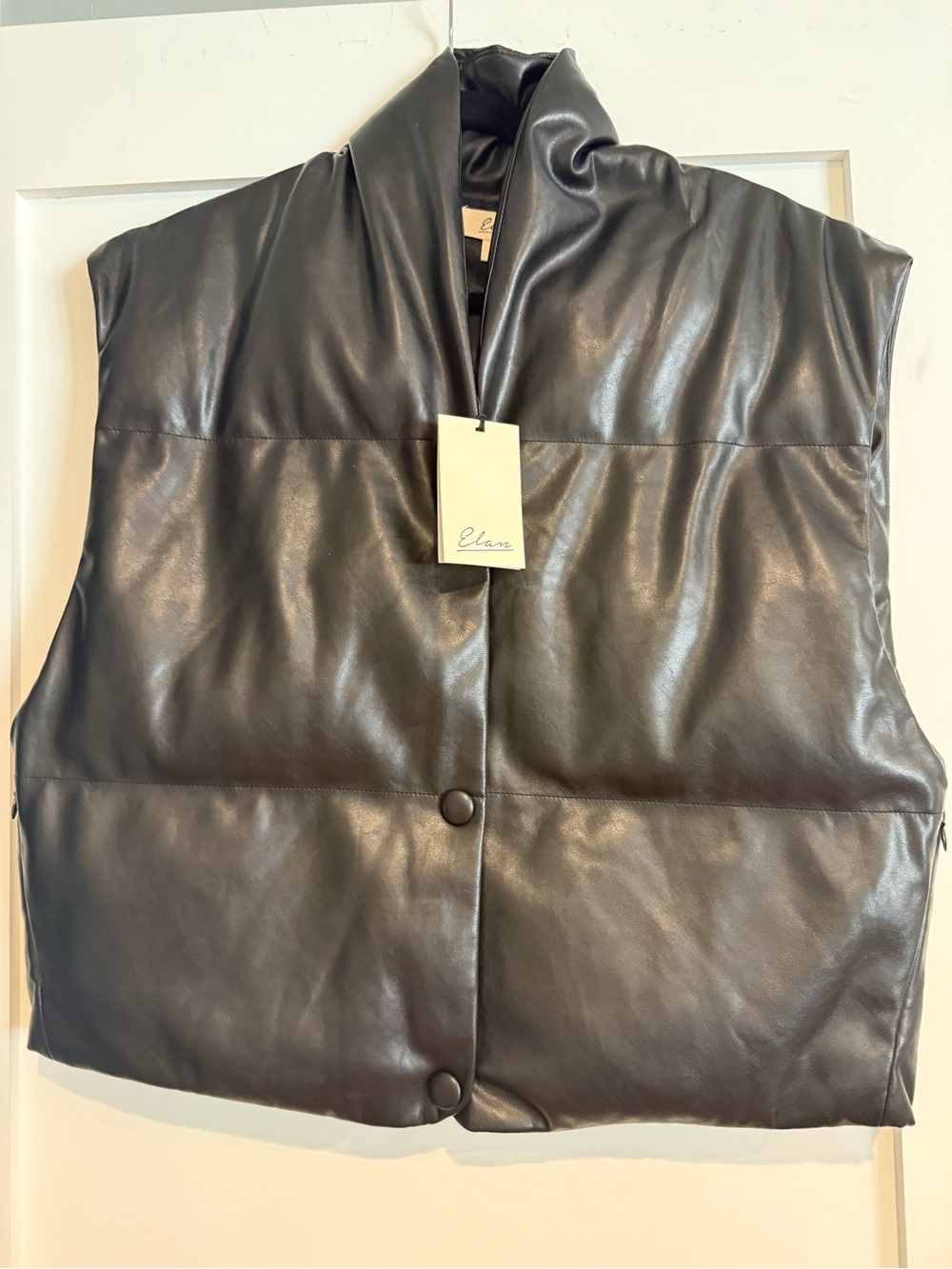 Elan Black Faux Leather Puffer Vest with High Collar